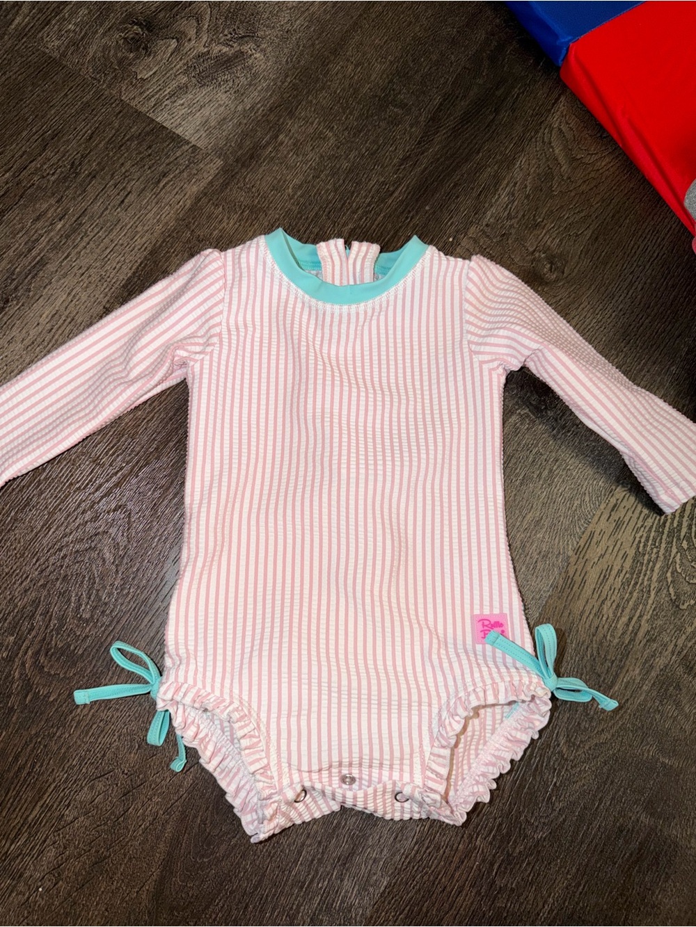 Ruffle Butts Baby Girl Pink/Blue/White Pin Stripe Swimsuit Size 6/12M Good